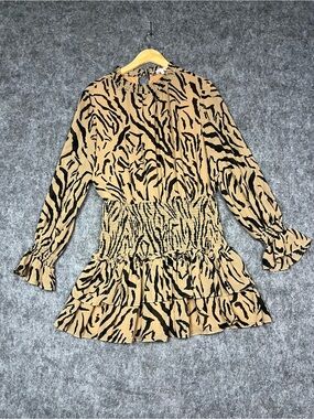 TCEC Tan Animal-Print Long-Sleeve Ruffle Mini Dress Size Large